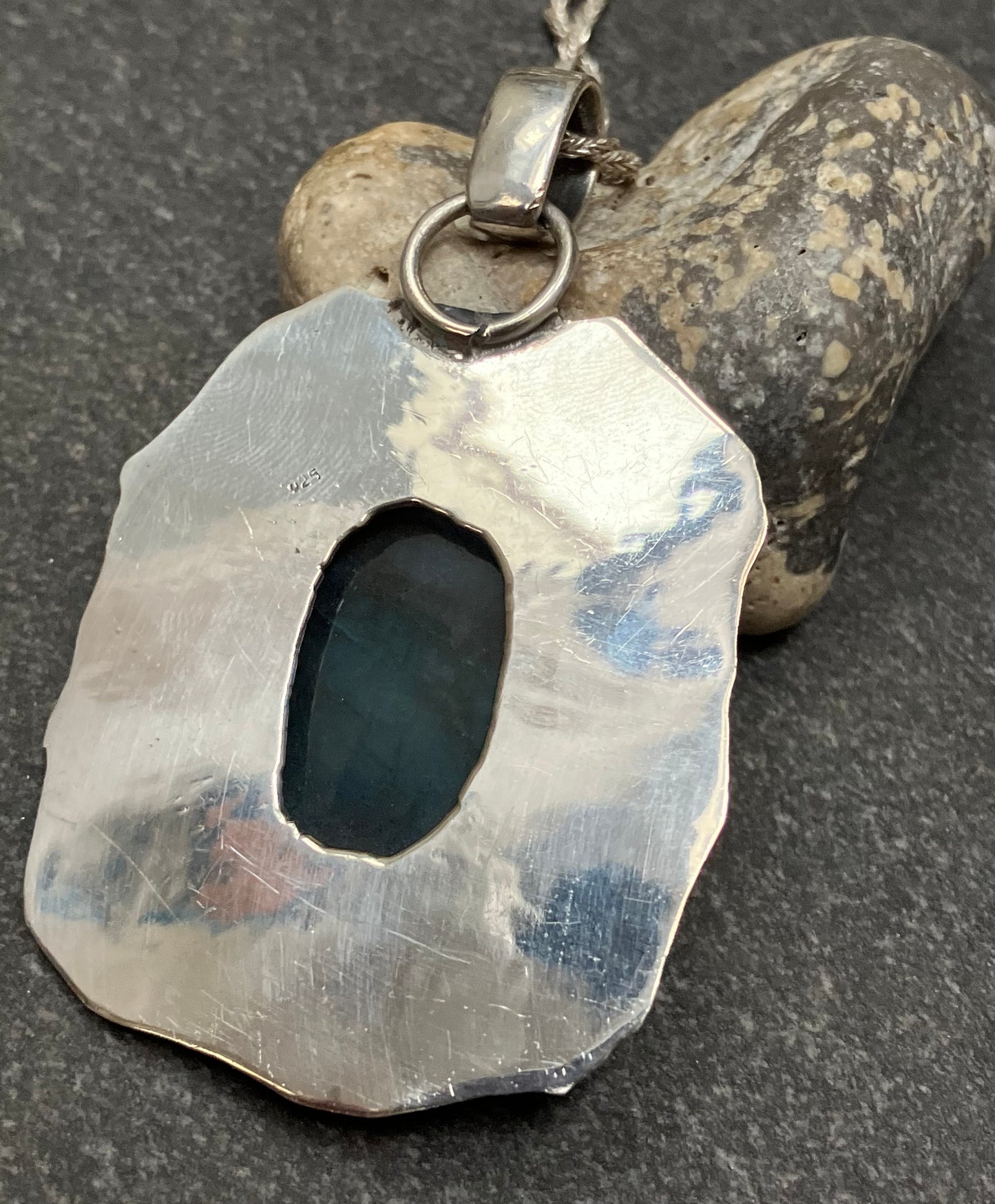 Artisan sun pendant with Labradorite cabochon.